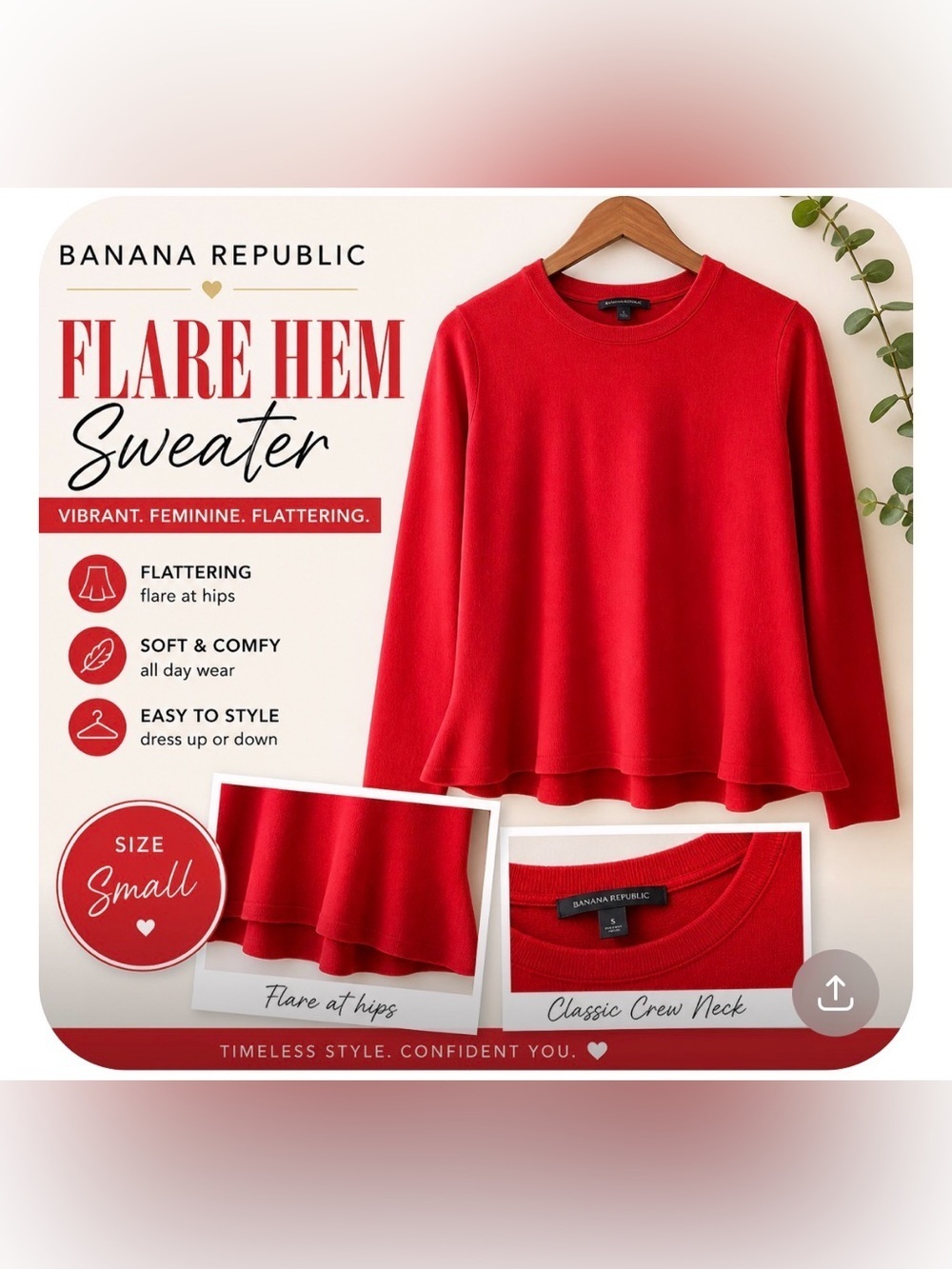 Banana Republic Red Long Sleeve Sweater – Flare Hem – Size Small